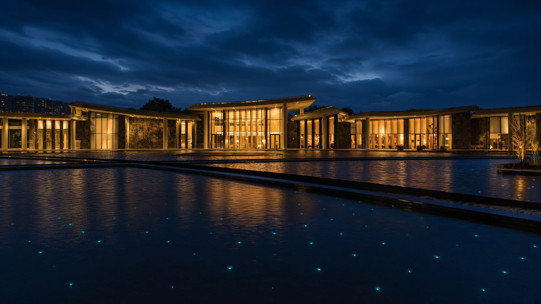 The Camellias clubhouse at DLF Golf Links, Gurugram, after dark