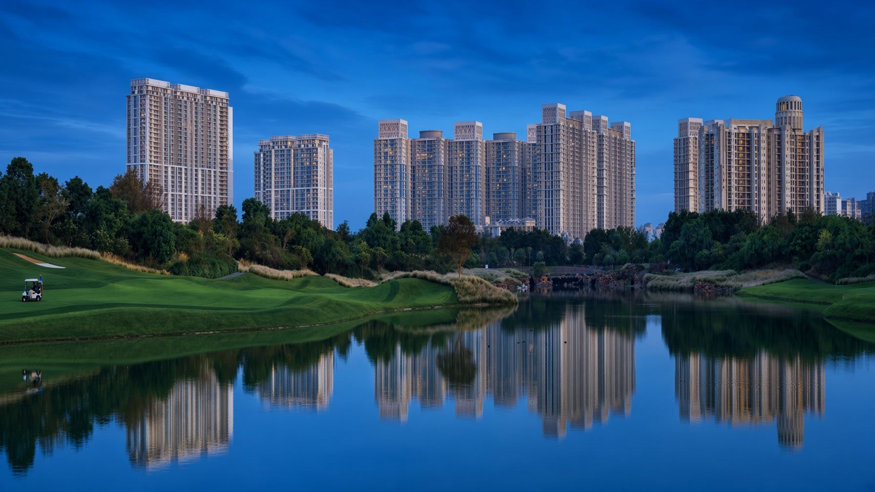 DLF Golf Links, Gurugram — towers across the water